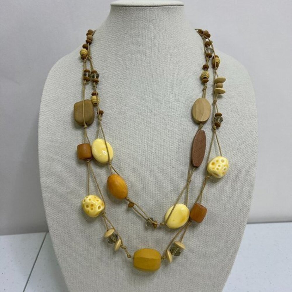 You and I Necklace Yellow Wood Beaded Tribal Boho Brown Multi Strand Ethnic Used
